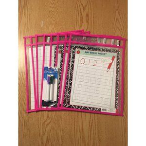 New Bundle Of 8 Dry Erase Clear Pocket Holders Hangable And 2 Wipe Clean Markers